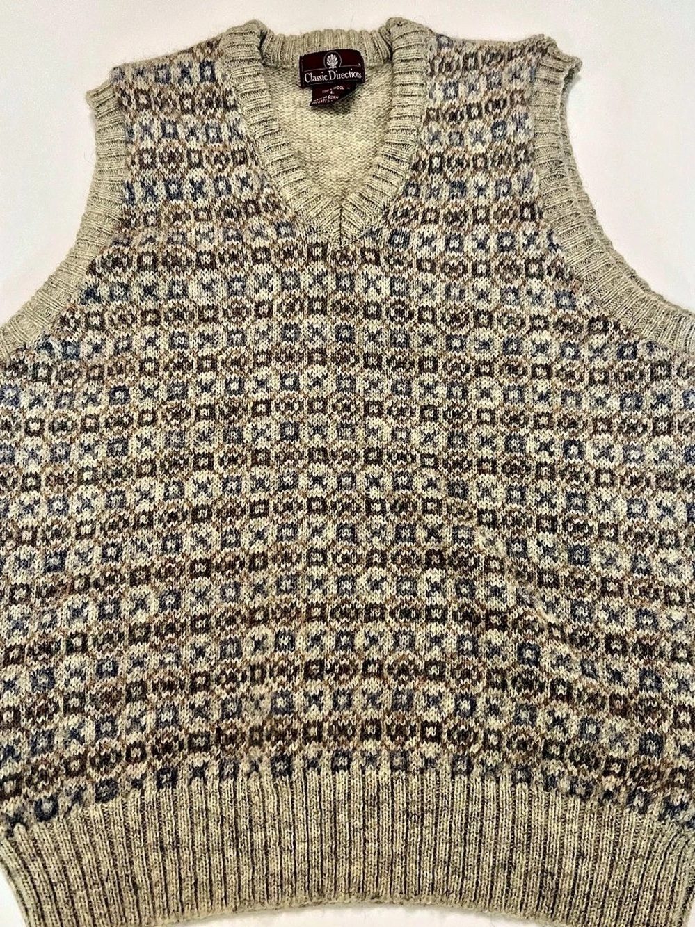 Classic Direction Wool Geometric V-Neck Vest Size Large